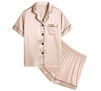 SWOMOG Girls Silk Pyjamas Short Sleeve Sleepwear Kids 2Pcs Satin Button-Down PJ Sets Nightwear Champagne 6-7 Years