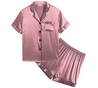 SWOMOG Girls Silk Pyjamas Short Sleeve Sleepwear Two-piece Satin Button-Down PJ Sets Loungewear Summer Pyjama Gifts