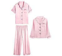 SWOMOG Girls Silk Satin Pyjamas 3 Piece Kids Button-Down Pyjama Short Long Sleeve Silky PJs Sets Children Cute Sleepwear Pink
