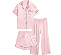 SWOMOG Grls Satin Pyjamas Short Sleeve Button-Down Pjs 3 Pcs Kids Nightwear Short Sleeve Lounge Sets Pink 10-11 years old