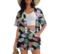 SWOMOG Hawaiian Tropical Print Women's 2 Piece Swimsuit Cover Up Set - Loose Short Sleeve Top & Shorts for Summer Beach S-XXL Black Red Flower Medium