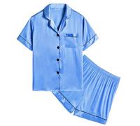 SWOMOG Kids Girls Satin Pyjamas Sets Boys Button-Down Pjs Short Sleeve Silk Nightwear 2 Piece Lounge Sets Marina Blue