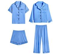 SWOMOG Kids Girls Silk Pyjama Sets Boys Satin PJs 4pcs Long and Short Sleeve Silky Nightwear Baby Lounge Sets Children Sleepwear Marina Blue