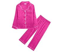 SWOMOG Kids Girls Silk Pyjamas Boys Long Sleeve Satin PJs Sets Button-Down Silky Nightwear Hot Pink Leopard 12-13 Years