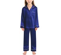 SWOMOG Kids PJs Set Satin Pajamas Sets Girls Boys Button-Down Pjs Long Sleeve Silk Nightwear 2 Piece Lounge Sets Pj Sleepwear Navy Blue