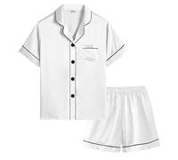 SWOMOG Kids Satin 2 Piece Pyjamas Sets Soft Short Sleeve Teen Girls Boys Sleepwear Button Down Top and Shorts Age 10-11,White