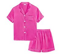 SWOMOG Kids Satin 2 Piece Pyjamas Sets Soft Short Sleeve Teen Girls Boys Sleepwear Button Down Top and Shorts Age 14-15,Rose Red