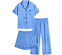 SWOMOG Kids Satin Pajamas Set Silk Button-Down PJs Sets Soft Lounge Sets Short Sleeve Sleepwear 3 pcs Marina Blue