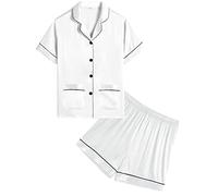 SWOMOG Kids Satin Pyjamas Girls Boys Short Sleeve Pjs Sets Two Pockets Silky Nightwear 2 Piece Button-Down Skeepwear for 4-13 White