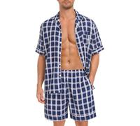 SWOMOG Men Pyjama Set Short Sleeve Summer Pjs Button Down Sleepwear Soft Pyjama Shorts 2 Piece Loungewear with Pockets Blue White Plaid XXL