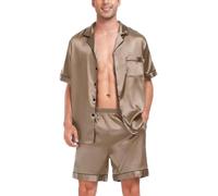 SWOMOG Men Satin Pyjamas Sets Short Sleeve Button-Down Sleepwear Two-Piece PJs Sets Loungewear with Pockets Camellia Opaue Couche L