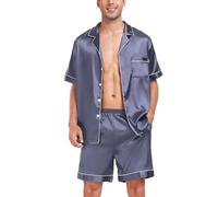 SWOMOG Men Satin Pyjamas Sets Short Sleeve Button-Down Sleepwear Two-Piece PJs Sets Loungewear with Pockets Deep Grey