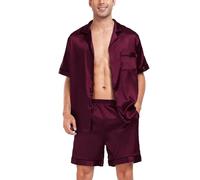 SWOMOG Men Satin Pyjamas Sets Short Sleeve Button-Down Sleepwear Two-Piece PJs Sets Loungewear with Pockets