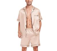 SWOMOG Men Satin Pyjamas Sets Short Sleeve Button-Down Sleepwear Two-Piece PJs Sets Loungewear with Pockets Champagne