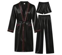 SWOMOG Mens 3 PCS Satin Robe with Pants & Shorts Set Kimono Bathrobe Long Sleeve Sleepwear Pjs Sets with Pockets Black - Red Trimming Medium