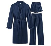 SWOMOG Mens 3 PCS Satin Robe with Pants & Shorts Set Kimono Bathrobe Long Sleeve Sleepwear Pjs Sets with Pockets Deep Grey Large