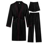 SWOMOG Mens 3 PCS Satin Robe with Pants & Shorts Set Kimono Bathrobe Long Sleeve Sleepwear Pjs Sets with Pockets Black - Red Trimming X-Large