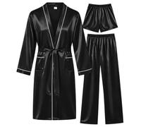 SWOMOG Mens 3 PCS Satin Robe with Pants & Shorts Set Kimono Bathrobe Long Sleeve Sleepwear Pjs Sets with Pockets Black1 - White Trimming XX-Large