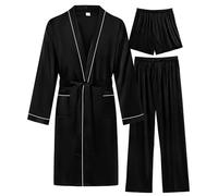 SWOMOG Mens 3 PCS Satin Robe with Pants & Shorts Set Kimono Bathrobe Long Sleeve Sleepwear Pjs Sets with Pockets Black1 - White Trimming Small