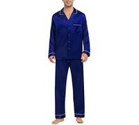 SWOMOG Mens Satin Pyjamas Set 2 PCS Silk Long-Sleeved Button Down Sleepwear And Long Pants Pjs V-Neck Classic Loungewear Pjs Navy Blue