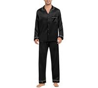 SWOMOG Mens Satin Pyjamas Set 2 PCS Silk Long-Sleeved Button Down Sleepwear And Long Pants Pjs V-Neck Classic Loungewear Pjs A-black
