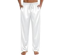 SWOMOG Men's Satin Silky Pyjama Pant Long Pj Bottoms Soft Lounge Sleep Pants with Pockets & Drawstring White XX-Large