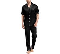 SWOMOG Men's Silk Satin Pyjama Set Short Sleeve Button Down Shirt with Long Pants Silky Pjs Notch Collar Loungewear Black