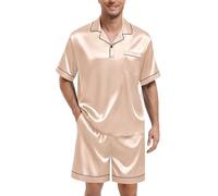 SWOMOG Mens Silk Satin Pyjama Sets 2 Piece Short Sleeve Loungewear Button Down Soft Sleepwear with Pockets Champagne Large