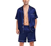 SWOMOG Pyjama Set for Men Short Sleeve Pyjamas Silk Satin Pj Set Button Down Sleepwear and Loungewear Set Navy Blue