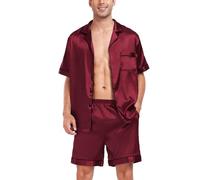 SWOMOG Pyjama Set for Men Short Sleeve Pyjamas Silk Satin Pj Set Button Down Sleepwear and Loungewear Set Wine Red