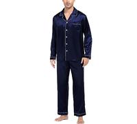 SWOMOG Pyjama Set for Men Silk Black Satin Pyjamas Button Down Sleepwear Long Pj Set 2 Pieces Pjs