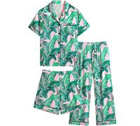 SWOMOG Satin Pyjamas for Girls Short Sleeve Button Dwon Pjs 3 Pcs Silky Striped Pjs Sets Kids Summer Pyjama Gifts for Children