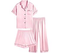 SWOMOG Silk Pjs Kids Short Sleeve Button-Down Pjs 3 Pcs Kids Nightwear Short Sleeve Lounge Sets Pink 8-9 years old