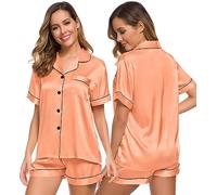 SWOMOG Silk Pyjamas for Women Comfy Satin Pyjama Set Christmas Pjs Short Sleeve Casual Lounge Set