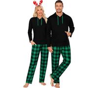 SWOMOG Unisex Christmas Matching Pyjama Set Women & Men Long-Sleeve Sleepwear with Hooded Tops,Plaid Pants,Pockets Women Black & Green Plaid XX-Large