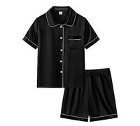 SWOMOG Unisex Kids Satin 2 Piece Pyjamas Sets Short Sleeve Teen Girls Boys Solid Button Down Top and Shorts Age 8-9,Black