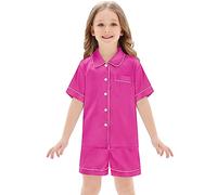 SWOMOG Unisex Kids Satin 2 Piece Pyjamas Sets Short Sleeve Teen Girls Boys Solid Button Down Top and Shorts Age 10-11,Rose Red