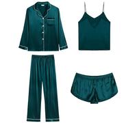 SWOMOG Women Pyjamas Set Satin Silk 4Pcs Sleepwear PJs Sets Long Sleeve Sleep Button Down Top with Silky Cami Vest Shorts Nightwear Green