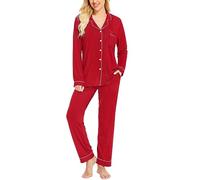 SWOMOG Women Pyjamas Sets Soft Long Sleeve Button Down Sleepwear Warm Pjs Set Loungewear Red