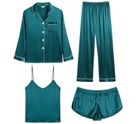 SWOMOG Women Satin Pyjamas 4pcs Silk Pyjama Set Long Sleeve Button Down Sleepwear Cami and Shorts Pjs Set Loungewear Green
