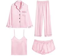 SWOMOG Women Satin Pyjamas 4pcs Silk Pyjama Set Long Sleeve Button Down Sleepwear Cami and Shorts Pjs Set Loungewear Pink