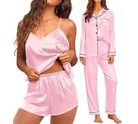 SWOMOG Women Silk Satin Pyjama Sets 4 Pcs Long Sleeve Shirt with Button Down Pjs Silky Camisole Shorts Sets Ladies Pajama Nightwear Loungewear Pink