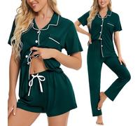 SWOMOG Womens 3pcs Pajamas Set Button Down Sleepwear Soft Short Sleeve Nightwear with Shorts Long Pant Pjs Loungewear