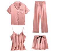 SWOMOG Womens 4pcs Pajamas Sets Short Sleeve Camisole with Button Down Shirt Pjs Silk Satin Sleepwear Loungewear Misty Rose Medium