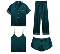 SWOMOG Womens 4pcs Sleepwear Sets Satin Pyjama Set Silk Green Pyjamas Bride Pjs Comfy Pj Sets Loungewear