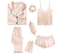 SWOMOG Womens 7pcs Silk Satin Pyjama Set Short Sleeve Button Down Shirt Camisole Shorts Pants Pjs Set Eye Mask with Silky Hair Band Champagne Large