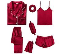 SWOMOG Womens 7pcs Silk Satin Pyjama Set Short Sleeve Button Down Shirt Camisole Shorts Pants Pjs Set Eye Mask with Silky Hair Band Red Medium