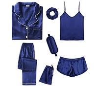 SWOMOG Womens 7pcs Silk Satin Pyjama Set Short Sleeve Button Down Shirt Camisole Shorts Pants Pjs Set Eye Mask with Silky Hair Band Navy Blue Large