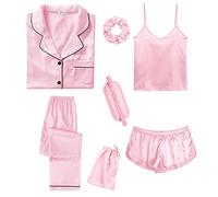 SWOMOG Womens 7pcs Silk Satin Pyjama Set Short Sleeve Button Down Shirt Camisole Shorts Pants Pjs Set Eye Mask with Silky Hair Band Pink Large