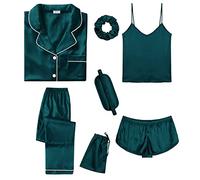 SWOMOG Womens 7pcs Silk Satin Pyjama Set Short Sleeve Button Down Shirt Camisole Shorts Pants Pjs Set Eye Mask with Silky Hair Band Deep Green XX-Large
